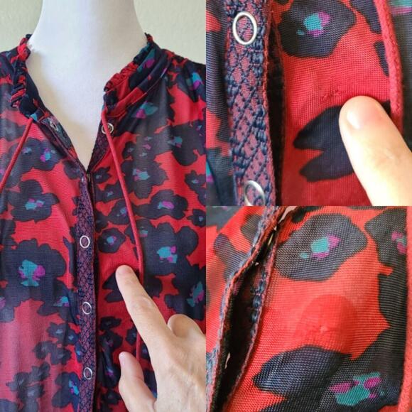 Free People Love Letter Tunic Mini Dress XS Sheer Balloon Sleeves Lace Boho Red - Picture 5 of 11